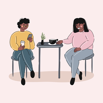 Two Girls Drink Coffee, Cartoon Style Vector Illustration