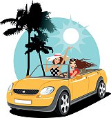 Two girls in a car on vacation.