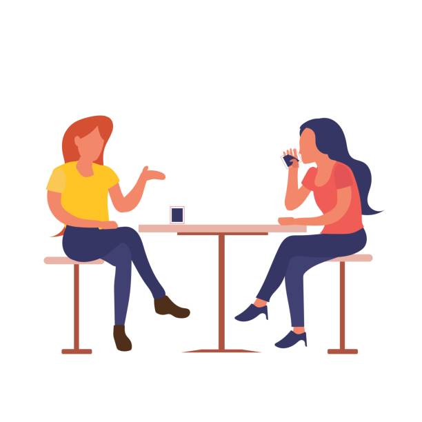 two girls sitting at cafe drink coffee while talking flat design isolated on white background two girls sitting at cafe drink coffee while talking flat design isolated on white background two women stock illustrations