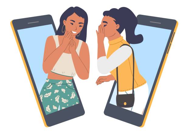 Two girls whispering talking to each other on mobile phone, gossiping, spreading rumors, telling secrets online, vector. Two girls whispering talking to each other on mobile phone, communicating online, flat vector illustration. Young women gossiping, spreading rumors, telling secrets online. gossip stock illustrations