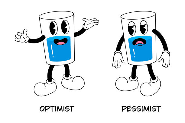 Two glasses half empty or full of water. The concept of optimist and pessimist. Two glasses half empty or full of water. Groovy retro character of a glass of water. Vector illustration. half happy half sad stock illustrations