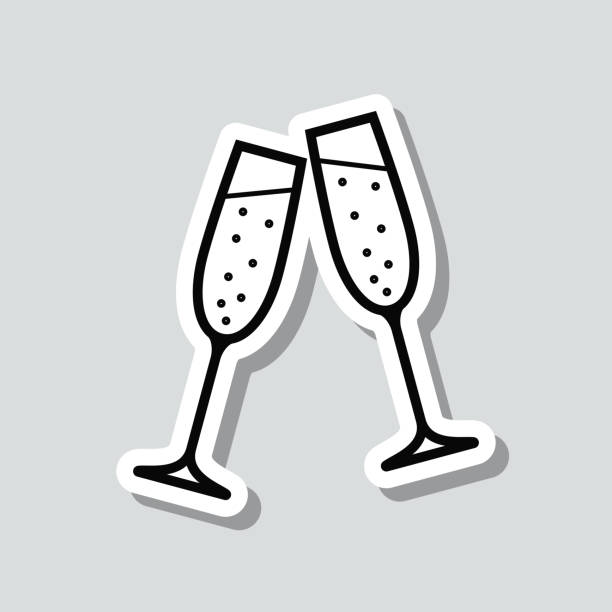 Two glasses of Champagne. Icon sticker on gray background Icon of "Two glasses of Champagne" on a sticker with a drop shadow isolated on a blank background. Trendy illustration in a flat design style. Vector Illustration (EPS10, well layered and grouped). Easy to edit, manipulate, resize or colorize. Vector and Jpeg file of different sizes. champagne clipart stock illustrations
