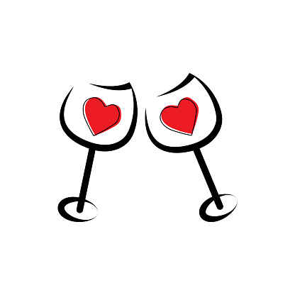 Two glasses with wine. Happy valentine day and love symbol.
