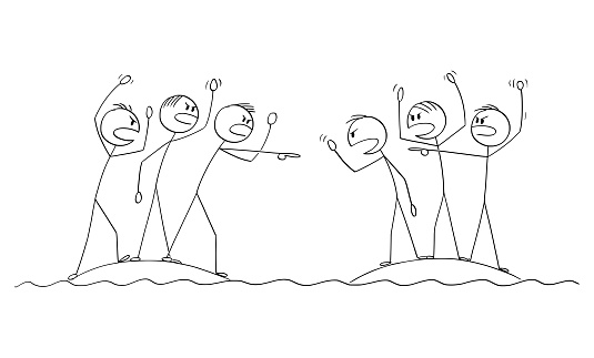 Two Groups of People Arguing and Fighting From Close Islands, Vector Cartoon Stick Figure Illustration