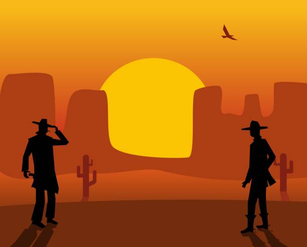 dwa pojedynki rewolwerowców. pustynny zachód słońca. kolor płaskiej ilustracji wektora. - texas shooting stock illustrations