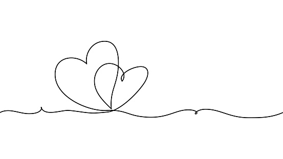 Two hand drawn doodle hearts. Continuous seamless line art drawing.