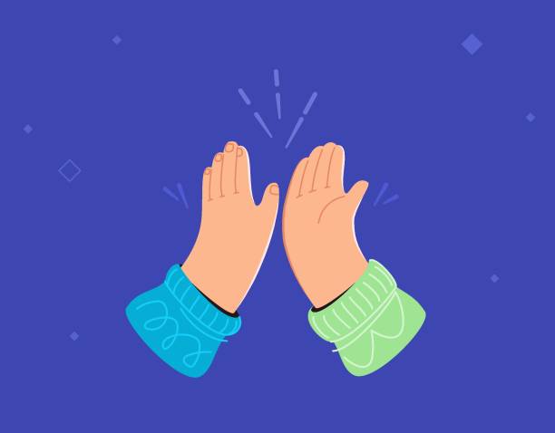 Two hands are giving a high-five Two hands are giving a high-five. Concept vector illustration of hands gesture high five isolated on blue background. Greetings symbol of human hands friendly clapping and cheering number 5 illustrations stock illustrations