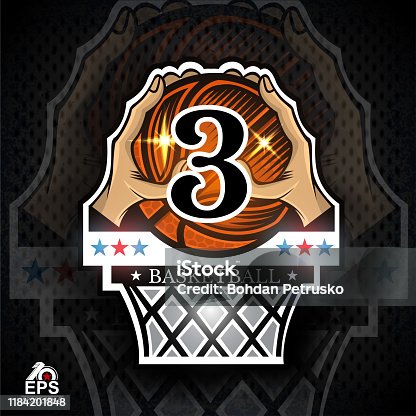 istock Two hands hold basketball ball with number 3 above basket. Sport label for any team or competition 1184201848