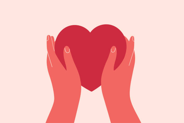 Two hands hold big red heart. Concept of love, charity, philanthropy and donation. Vector illustration vector art illustration