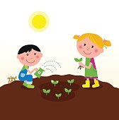 Boy and girl planting little plants on the farm. Vector Illustration.