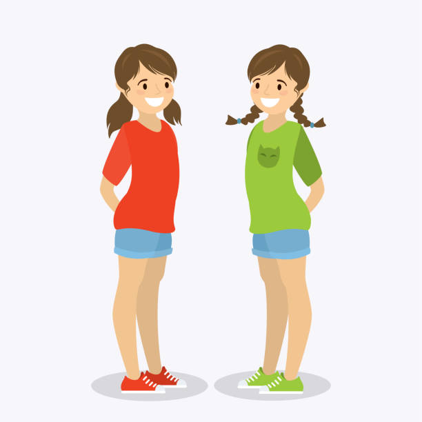 ilustraciones, imágenes clip art, dibujos animados e iconos de stock de dos chicas adolescentes felices, gemelos con diferente estilo de pelo, personajes femeninos lindos - twins