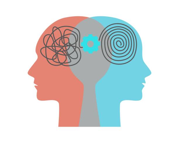 Two head silhouette with gear, tangle, spiral. Bipolar disorder mind mental concept. Two head silhouette with gear, tangle, spiral. Bipolar disorder mind mental concept. Mental health, psychology, balance in vector flat illustration. Icon for web design, card, banner, flyer mental illness stock illustrations