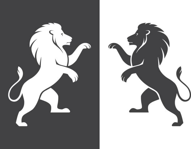 Two heraldic lions rampant Two heraldic rampant lion silhouettes in black and white colors. Coat of arms. Heraldry design element. animal's crest stock illustrations