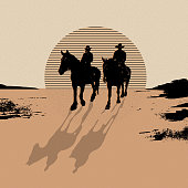 Silhouettes of two people in cowboy hats against a sunset in a desert landscape. Poster in retro style