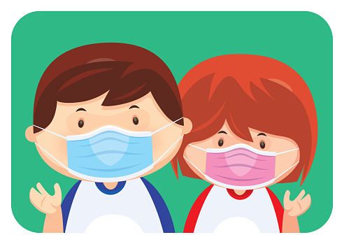 Two Kids Wearing Face Masks And Waving Stock Illustration - Download Image Now - iStock