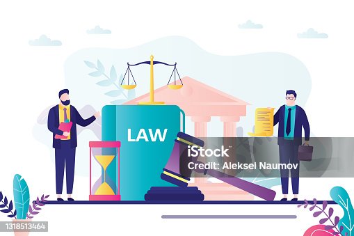 istock Two lawyer discuss legal issues. Male characters present legal services. Concept of law, authority and lawyers 1318513464