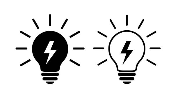 Two Light Bulb Flat Icons, Black And Linear. Lighting Electric Lamp With Lightning Inside And Rays, Simple Pictograms. Two Light Bulb Flat Icons, Black And Linear. Lighting Electric Lamp With Lightning Inside And Rays, Simple Pictograms. Vector Graphic Design Elements Isolated On White Background. Low-Energy Concept. lightning clipart stock illustrations