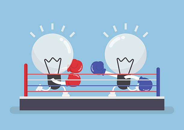 Two light bulb wearing boxing gloves fighting in boxing ring Two light bulb wearing boxing gloves fighting in boxing ring, concept of the competition of ideas. boxing ring stock illustrations