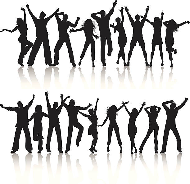 Two lines of silhouettes of people dancing energetically Silhouettes of people dancing. dancing silhouettes stock illustrations