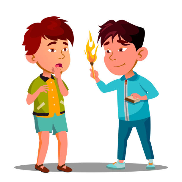 Two Little Asian Boys Playing With Matches Vector. Isolated Illustration Two Little Asian Boys Playing With Matches Vector. Illustration cigarette lighter stock illustrations