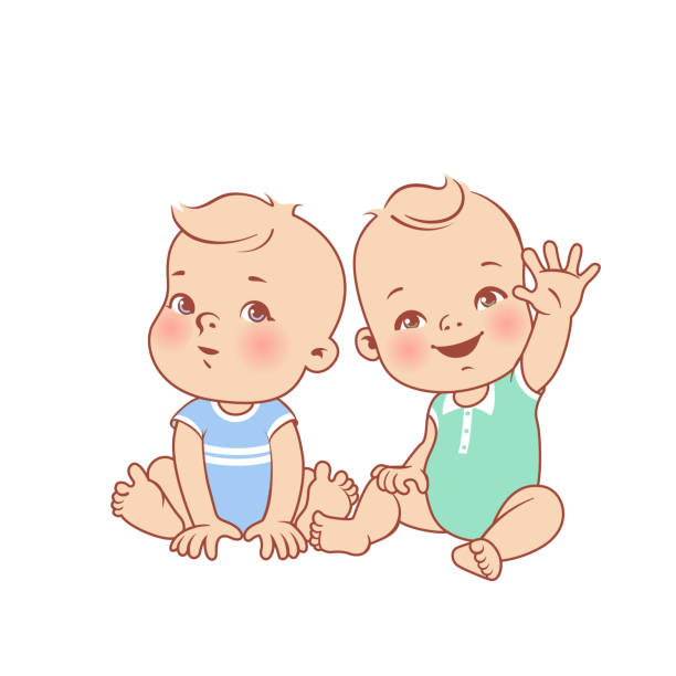Two little baby boys siting. Clothes for children. Kindergarten and preschool fashion. Smiling twins boys in diaper together. Brothers of one year. Happy baby wave hand. Color vector illustration. twins stock illustrations