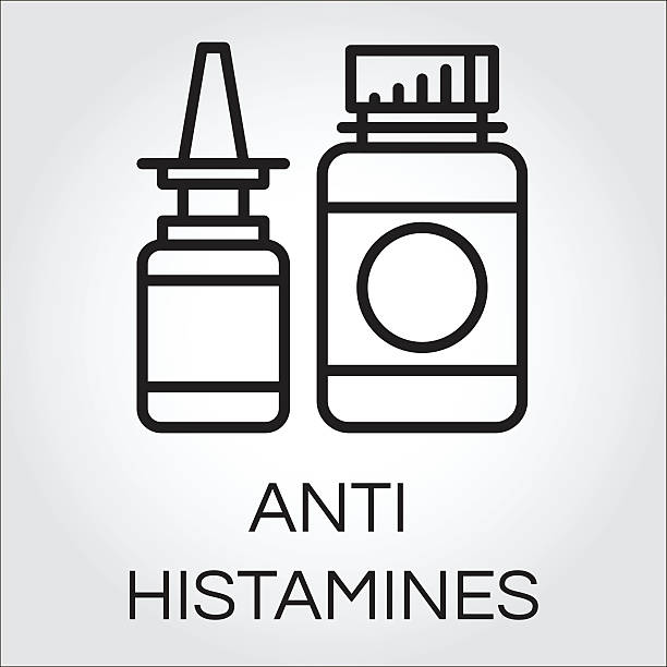 Two medical bottles antihistamines. Black icon in outline style Two medical bottles antihistamines. Icon in outline style. Label of medicine. Simple line logo for button desing, websites or mobile apps. Vector contour graphics antihistamine stock illustrations