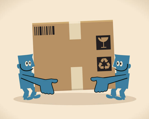 Two men carrying a big cardboard box Blue Little Guy Characters Vector art illustration.Copy Space.
Two men carrying a big cardboard box. safe move stock illustrations