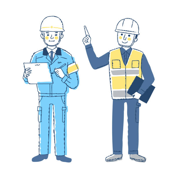 Two men doing civil engineering and construction related work Civil engineering, construction industry, workers, work, business people, work clothes construction worker safety checklist stock illustrations