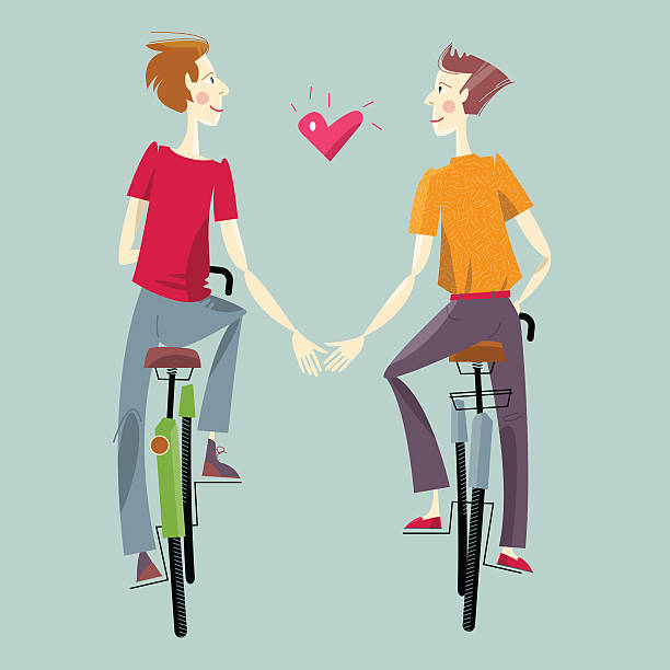 bildbanksillustrationer, clip art samt tecknat material och ikoner med two men, riding bikes. happy valentine’s day. - friends riding