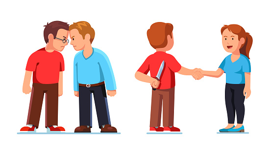 Two men standing clashing colliding heads in fight. Interpersonal relationship conflicts. Lies and deceit of dishonest person or insincere crooked con man. Flat vector character illustration set