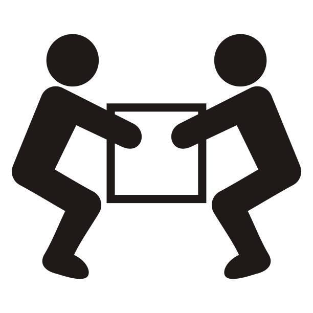 Two men with package, black silhouette Two men with package, black silhouette, vector icon. Handling heavy loads. safe move stock illustrations