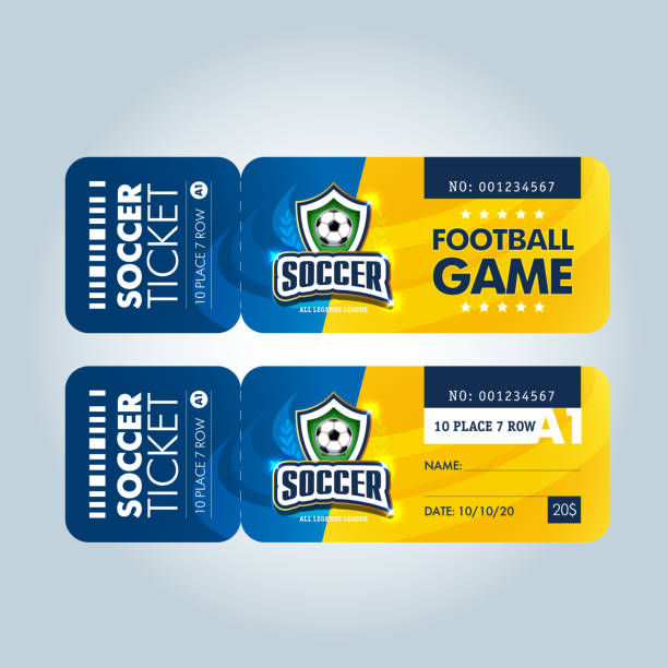 two modern professional design of football tickets in blue and yellow theme. Football ticket card modern design. Vector illustration soccer borders stock illustrations