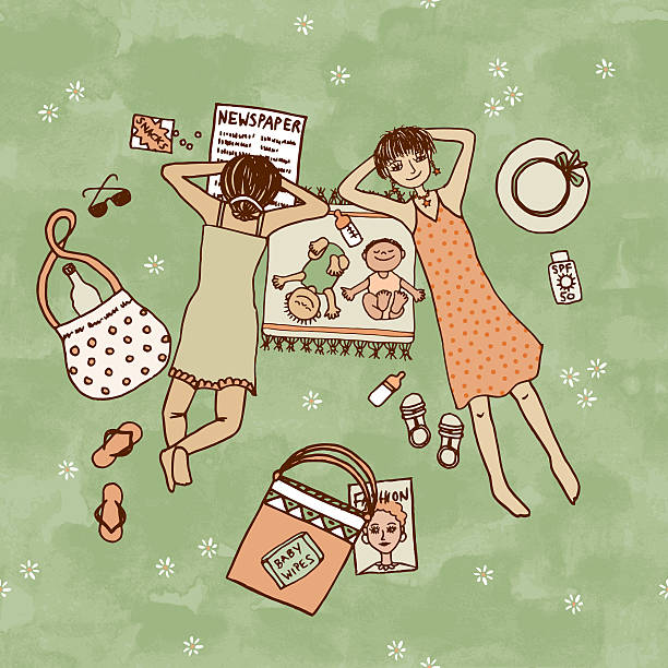 Two moms lying in the park with their little babies Two moms lying in the park with their little babies, top view in color drawing of family picnic stock illustrations