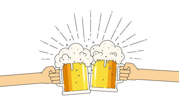 ilustraciones, imágenes clip art, dibujos animados e iconos de stock de dos tazas de cerveza en las manos con un montón de espuma. festival de la cerveza. - mano agarrando botella de cerveza y taza