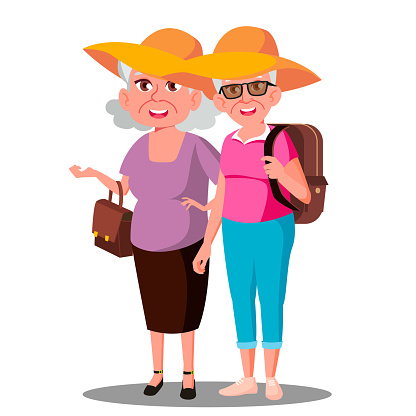 Download Two Old Women Friends In Hats Enjoing Vacation Vector ...