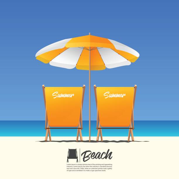 illustrazioni stock, clip art, cartoni animati e icone di tendenza di due sedie a sdraio estive arancioni in vista sul retro e ombrellone arancione. sfondo cielo sfumato blu. - ombrellone