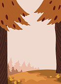 istock Two orange trees with cones frame the illustration, a squirrel came down to look at a hiking blue backpack with a sleeping bag. 1346978222