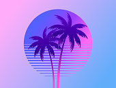 istock Two palm trees on a sunset 80s retro sci-fi style. Summer time. Futuristic sun retro wave. Design for advertising brochures, banners, posters, travel agencies. Vector illustration 1304880651