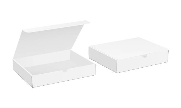 흰색 배경에 분리된 열린 닫기 뚜껑이 있는 두 개의 종이 상자 모형 - 상자 stock illustrations