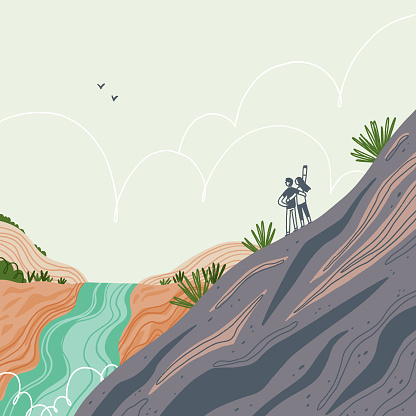Two people hiking mountain, exploring fantastic landscapes, travel vector illustration