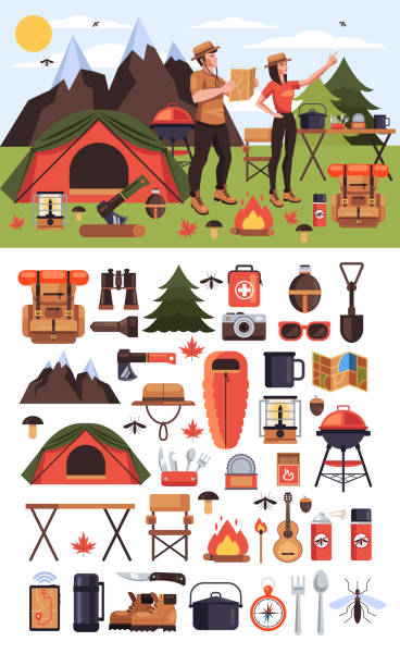 二人は男と女の観光客文字ハイキングやフォレスト森の中のキャンプ場します。トラベル観光遠征アイコン視覚シンボル アイコン セット。フラット グラフィック デザイン イラスト分離概� - キャンプ　イラスト点のイラスト素材／クリップアート素材／マンガ素材／アイコン素材