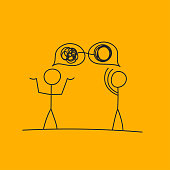 Two people solve problem, psychology icon in stick style, psychotherapy, business coaching. Vector doodle illustration