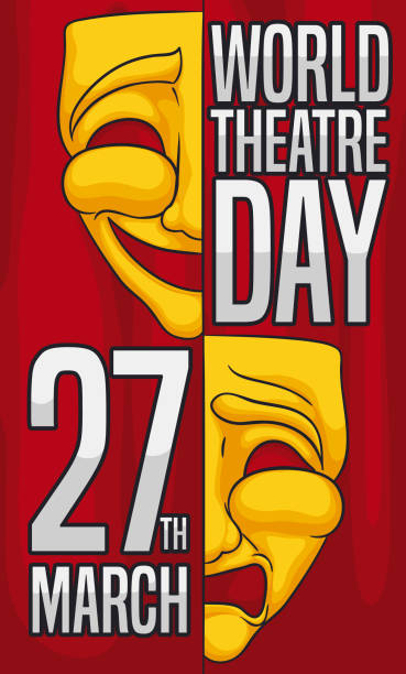 Two Pieces Mask to Celebrate World Theatre Day Golden masks sliced in two pieces representing comedy and tragedy symbols over a stage curtain to celebrate World Theatre Day in March 27. half happy half sad stock illustrations