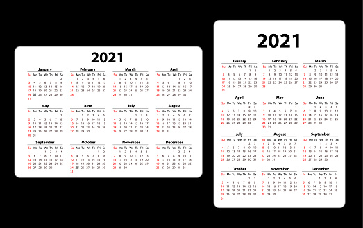 Two Pocket calendar on 2021 year. Horizontal and vertical.