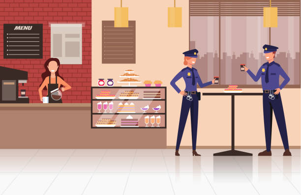 Two police workers man and woman character drinking coffee in cafe store shop. Vector flat graphic design cartoon illustration Two police workers man and woman character drinking coffee in cafe store shop. Vector flat graphic design cartoon police hat stock illustrations