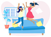 Two Pretty Women Having Fun at Home. Cartoon Flat Faceless Girls Jumping on Sofa and Rejoice in Living Room. Adult Sisters or Best Friends Resting. Vector Good Weekend Mood Illustration