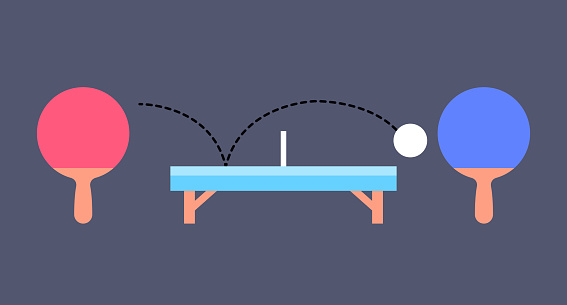 Two rackets and ball for playing table tennis. Ping pong. Illustration on blue ping pong table background. Sport design