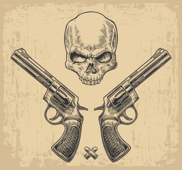 Two revolver with bullets and skull. Two revolver with bullets and skull. Vector engraving illustrations. Isolated on beige vintage background. For tattoo, web, shooting club and label texas shooting stock illustrations