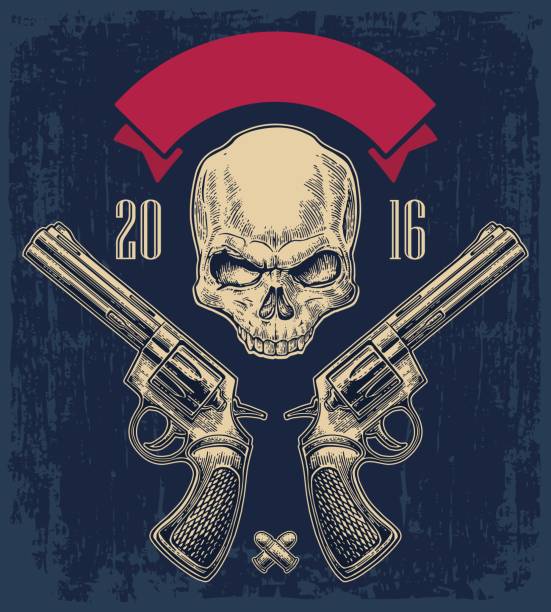 Two revolver with bullets, skull and ribbon. Two revolver with bullets, skull and ribbon. Vector engraving illustrations. Isolated on dark blue vintage background. For tattoo, web, shooting club and label texas shooting stock illustrations