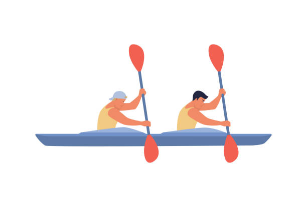 ilustrações de stock, clip art, desenhos animados e ícones de two rowers swim in a boat. - chalana